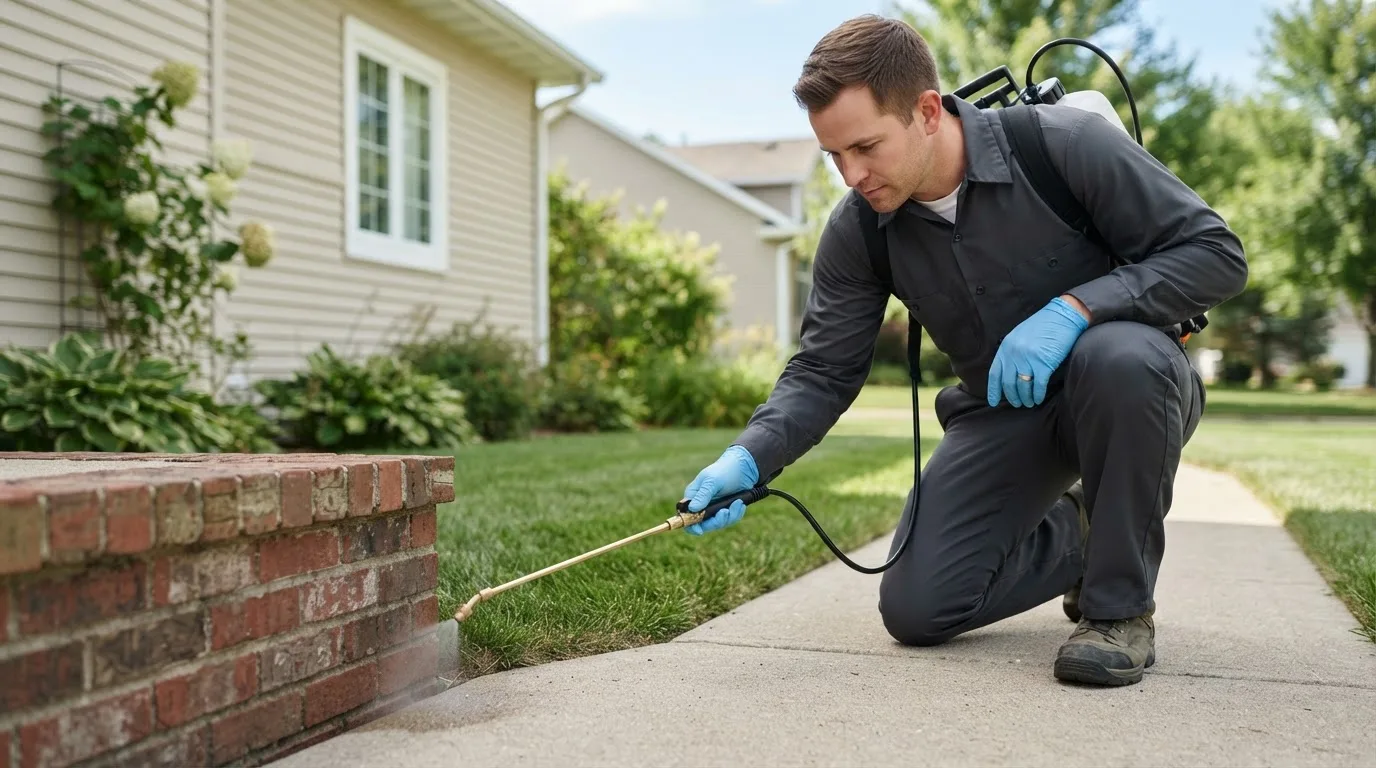 Pest control technician treating a home near Fallston, MD